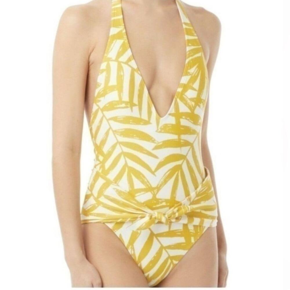 Carmen Marc Valvo Halter Yellow White One Piece Swimsuit size 12